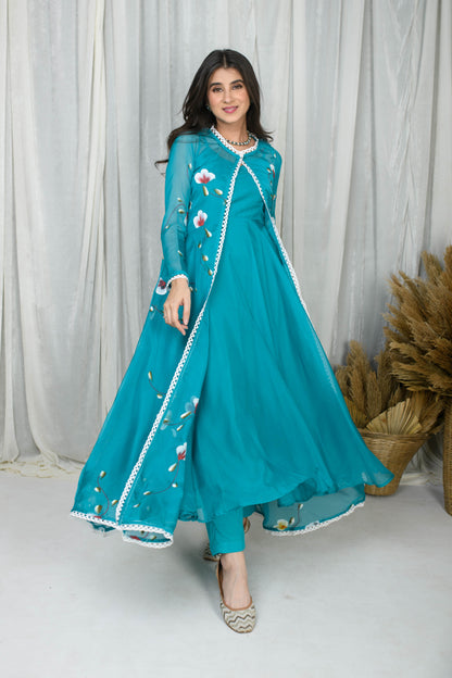 Teal Blue Hand Painted Anarkali With Jacket