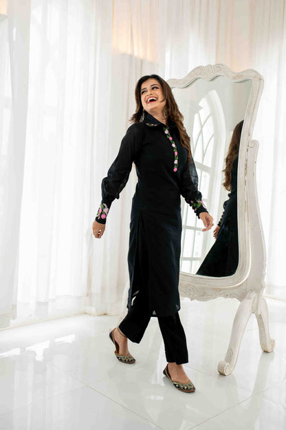 Black Chanderi Embroidered Kurta Set