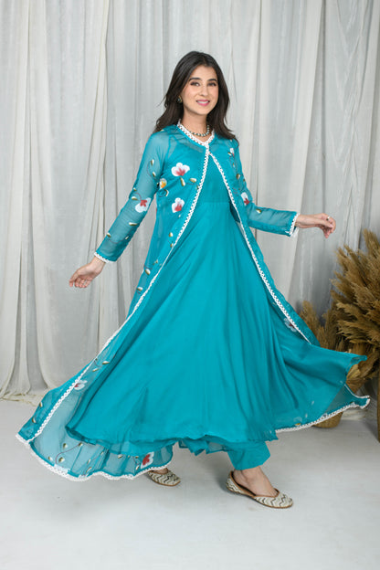 Teal Blue Hand Painted Anarkali With Jacket
