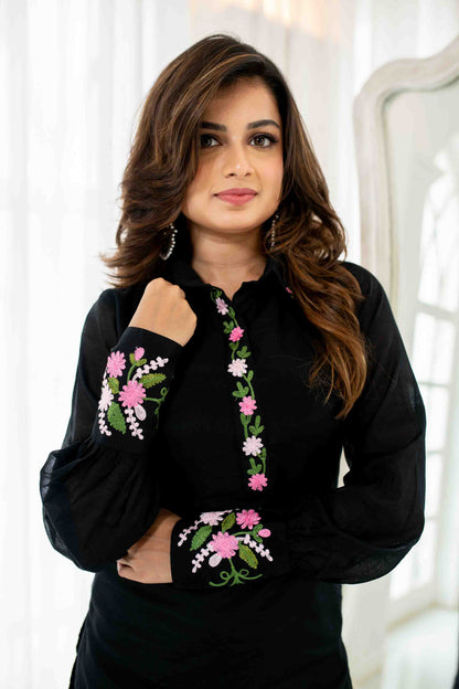 Black Chanderi Embroidered Kurta Set