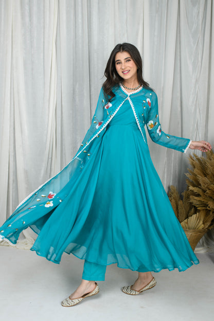 Teal Blue Hand Painted Anarkali With Jacket