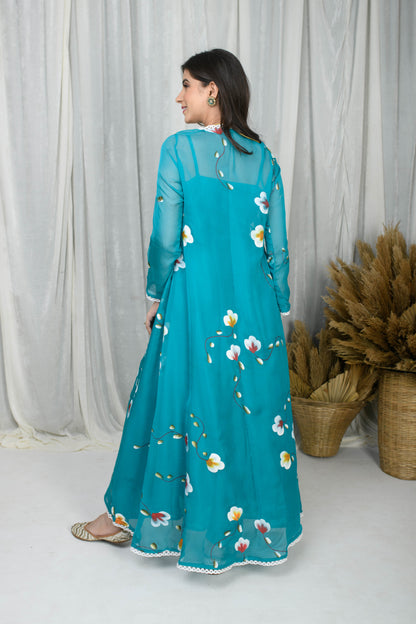 Teal Blue Hand Painted Anarkali With Jacket