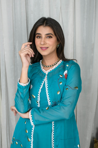 Teal Blue Hand Painted Anarkali With Jacket