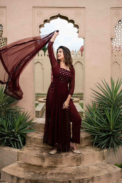 Maroon nayra cut kurta set