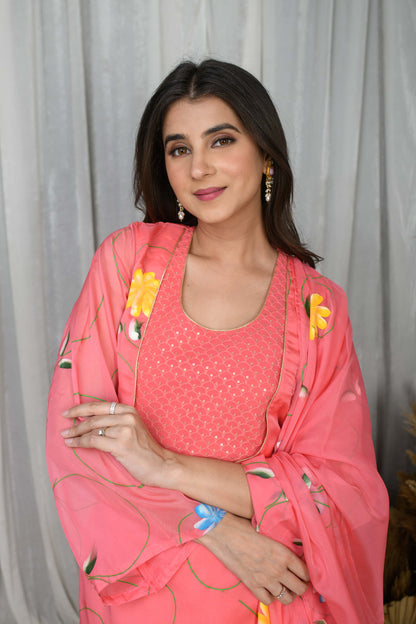 LIGHT PINK Embroidered HANDPAINTED KURTA SET