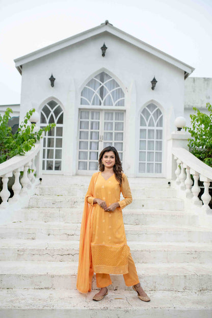 Light Orange Thread Work Kurta Set