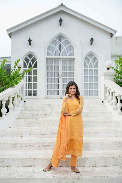 Light Orange Thread Work Kurta Set