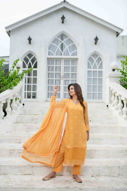 Light Orange Thread Work Kurta Set