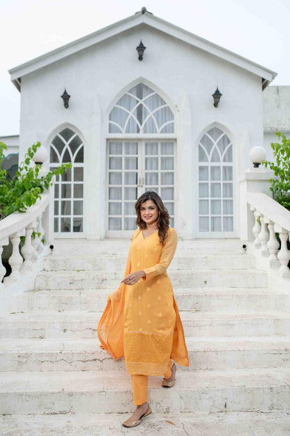 Light Orange Thread Work Kurta Set