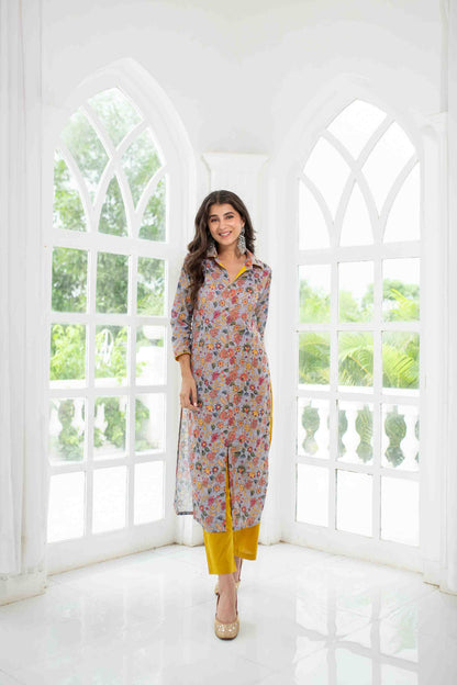Grey Mustard Self Embroidery  Cotton Kurta Set
