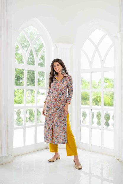 Grey Mustard Self Embroidery  Cotton Kurta Set