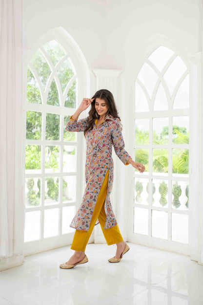 Grey Mustard Self Embroidery  Cotton Kurta Set