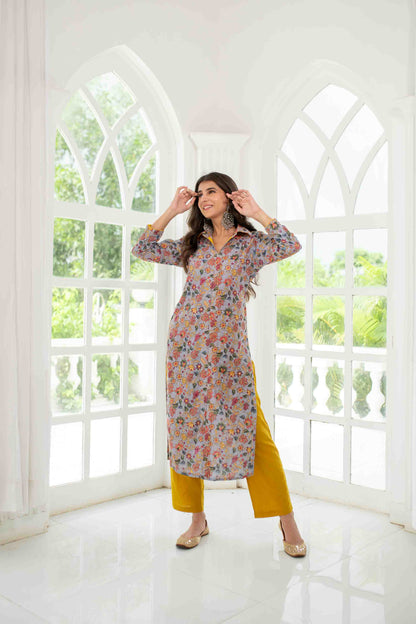 Grey Mustard Self Embroidery  Cotton Kurta Set
