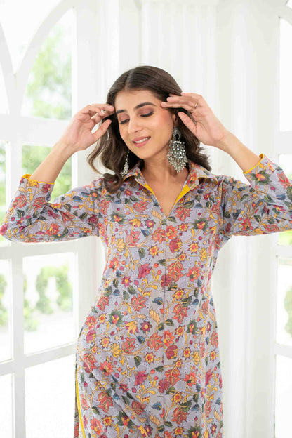 Grey Mustard Self Embroidery  Cotton Kurta Set