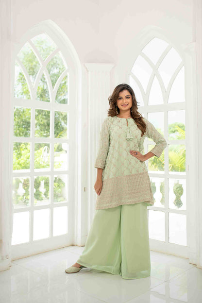 Light Pista Zari Work Box Style Kurta Pallazzo Set