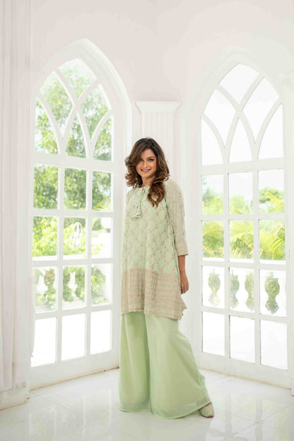 Light Pista Zari Work Box Style Kurta Pallazzo Set