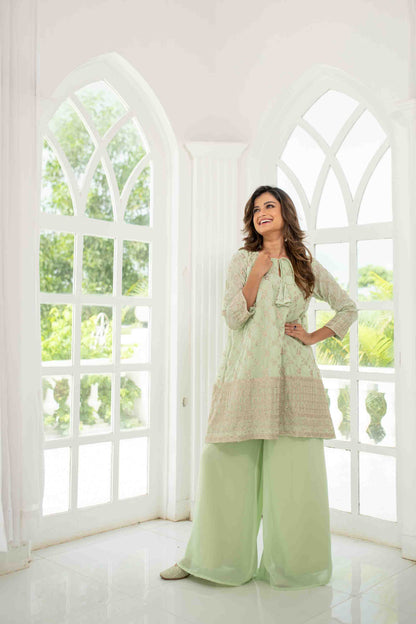 Light Pista Zari Work Box Style Kurta Pallazzo Set