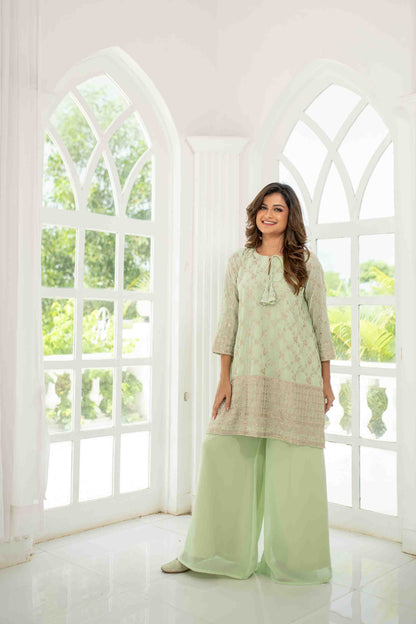 Light Pista Zari Work Box Style Kurta Pallazzo Set