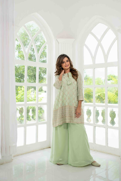 Light Pista Zari Work Box Style Kurta Pallazzo Set
