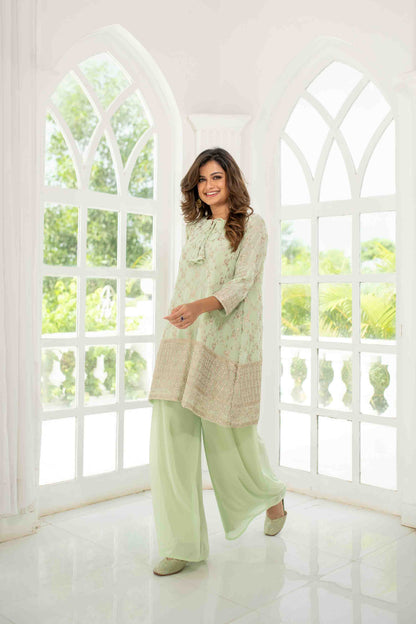 Light Pista Zari Work Box Style Kurta Pallazzo Set