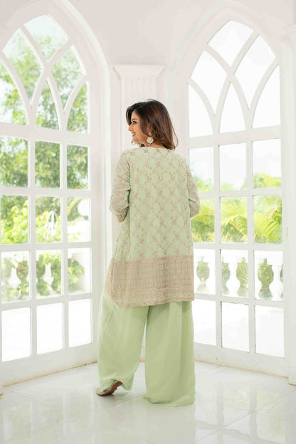 Light Pista Zari Work Box Style Kurta Pallazzo Set