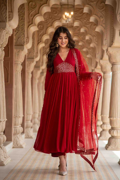 Maroon V Neck Anarkali Set
