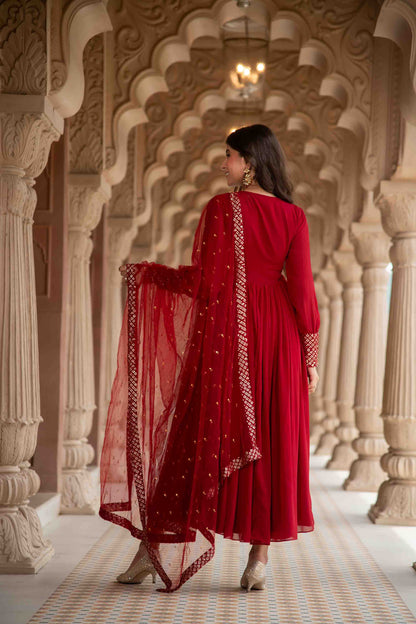 Maroon V Neck Anarkali Set