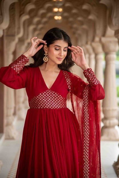 Maroon V Neck Anarkali Set