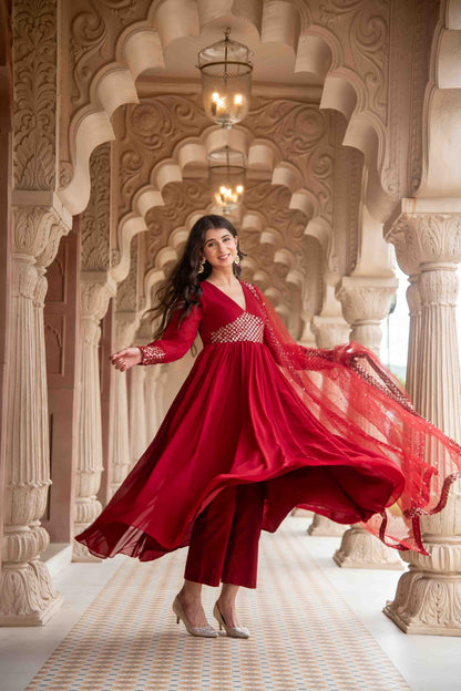 Maroon V Neck Anarkali Set