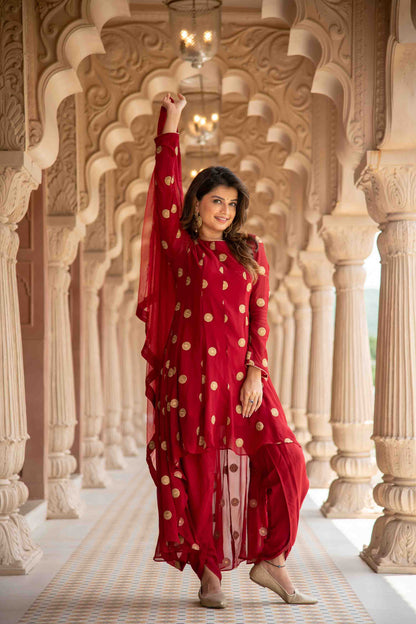 Maroon High Low Dhoti Set