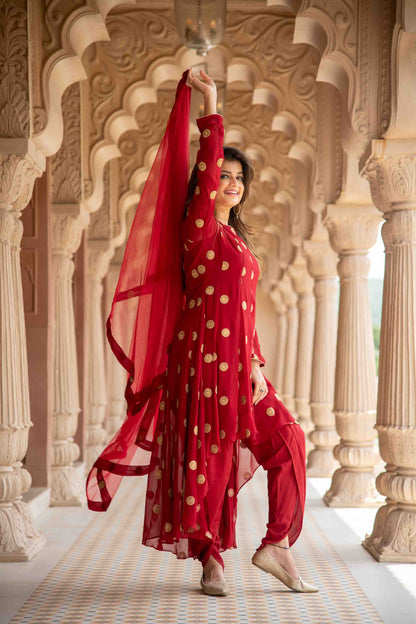 Maroon High Low Dhoti Set