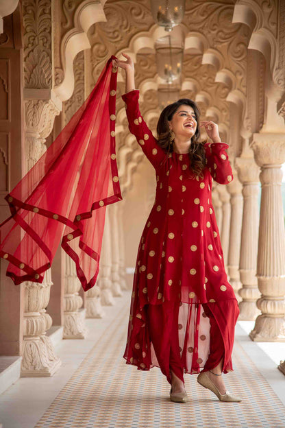 Maroon High Low Dhoti Set