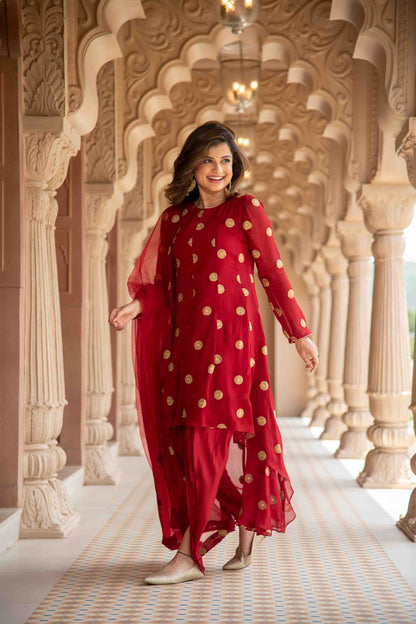 Maroon High Low Dhoti Set