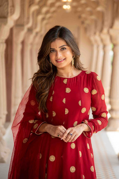 Maroon High Low Dhoti Set