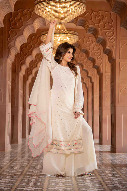 Cream Multi Color Thread Work Kurta with Pallazzo Set