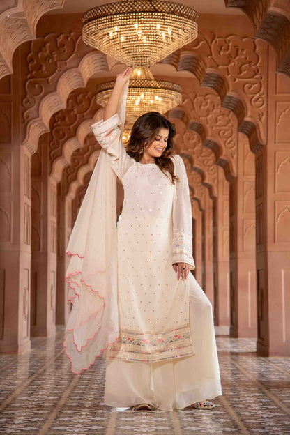 Cream Multi Color Thread Work Kurta with Pallazzo Set