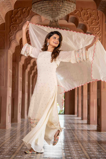 Cream Multi Color Thread Work Kurta with Pallazzo Set