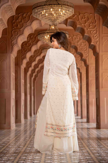 Cream Multi Color Thread Work Kurta with Pallazzo Set