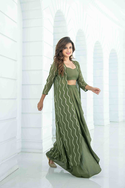 Olive Skit Dhoti With Jacket