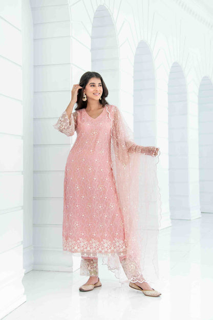 Peach Pakistani Thread Work Kurta Set