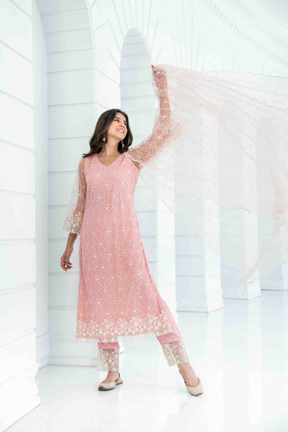 Peach Pakistani Thread Work Kurta Set