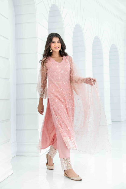 Peach Pakistani Thread Work Kurta Set