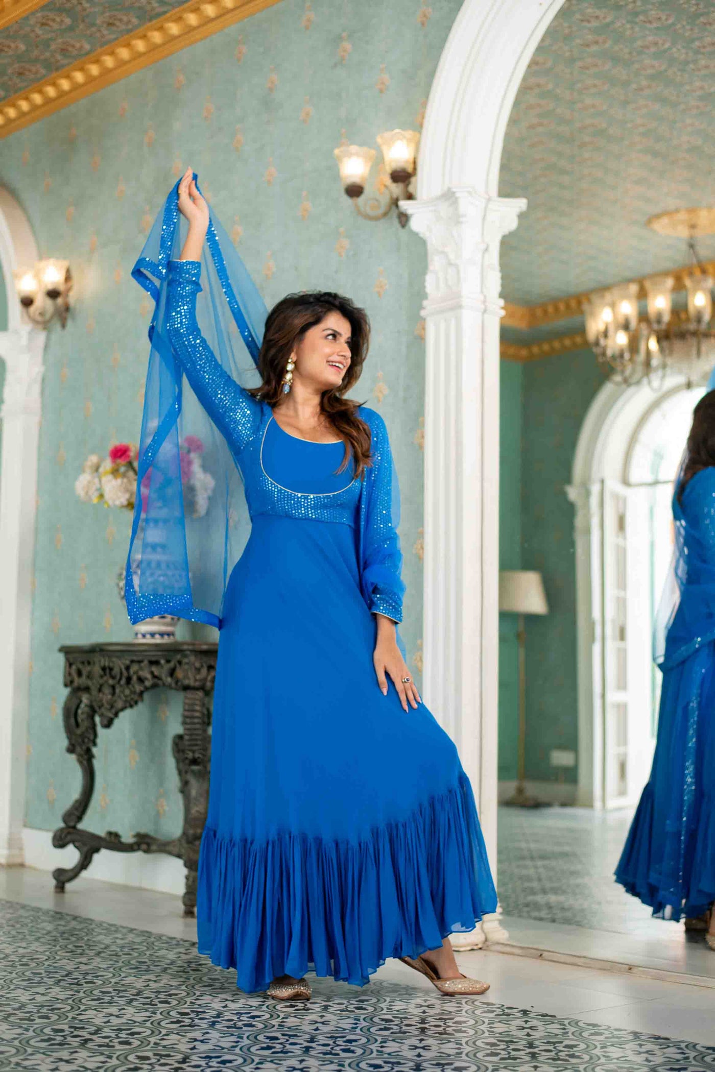 Electric Blue Choli Style Gown With Dupatta