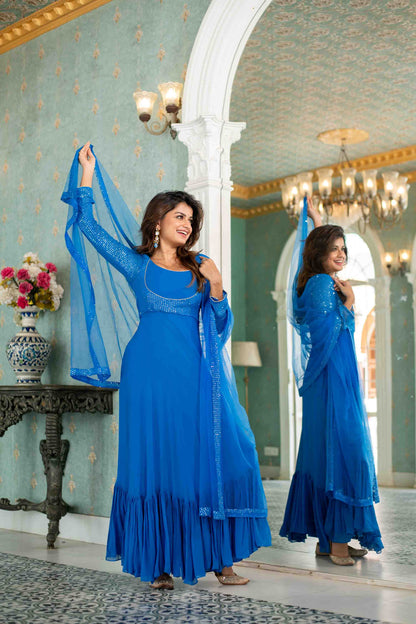 Electric Blue Choli Style Gown With Dupatta