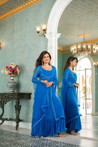 Electric Blue Choli Style Gown With Dupatta