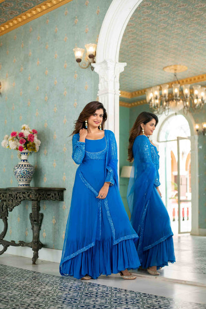 Electric Blue Choli Style Gown With Dupatta