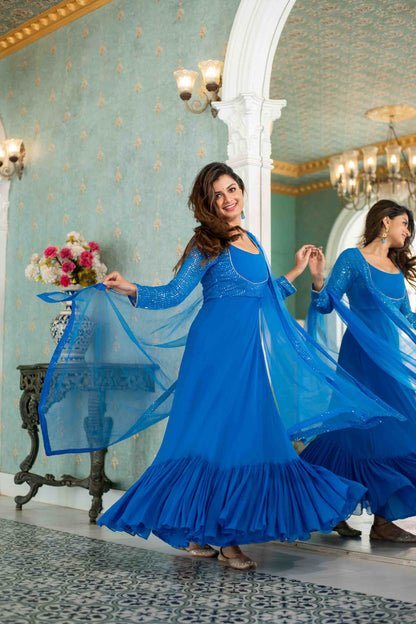 Electric Blue Choli Style Gown With Dupatta