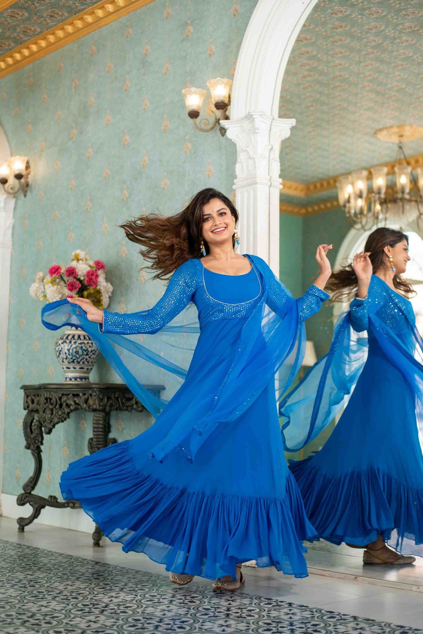 Electric Blue Choli Style Gown With Dupatta
