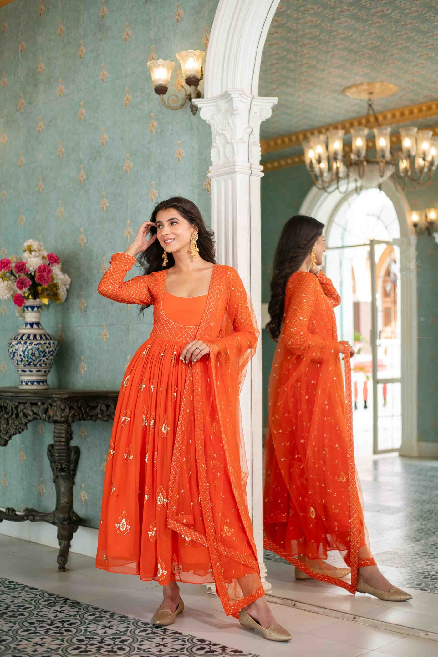 Orange  Choli Style Anarkali Set