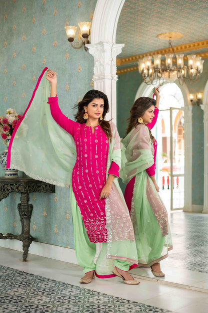 Rani Pink And Sea Green Kurta Set